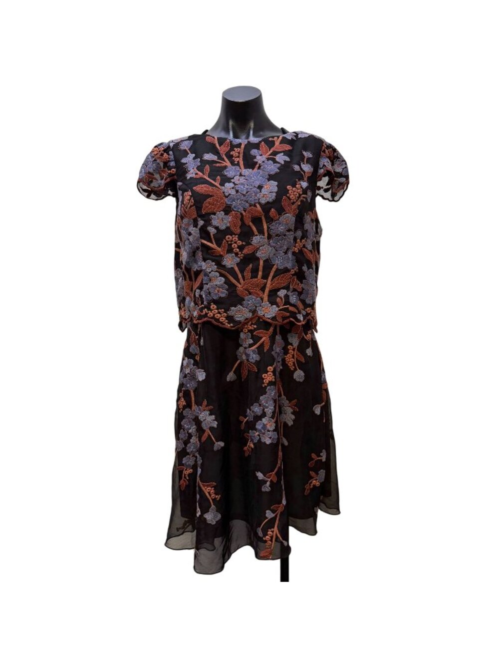 NWT Eva Franco Black Dress With Floral Embroidery In Blue & Brown Size 10